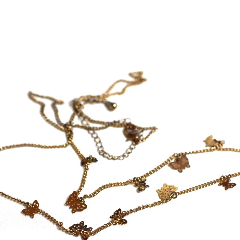 Nostalgic Butterfly Charms Gold Tone 28" Gold Tone Link Chain Retro Necklace